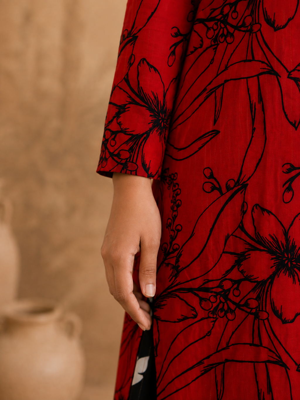 Red premium lawn Anarkali frock with black floral print