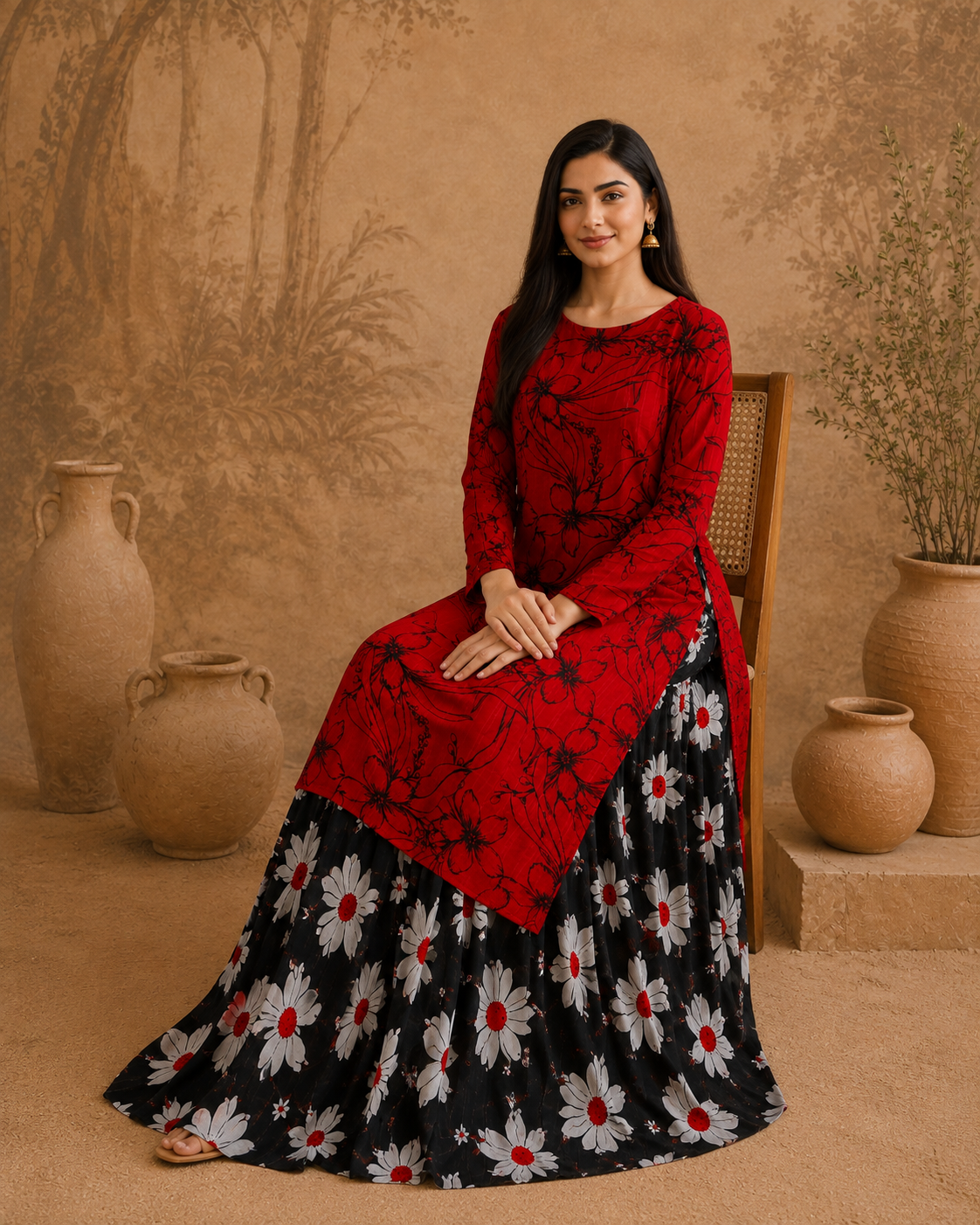Model wearing a red and black floral Anarkali frock