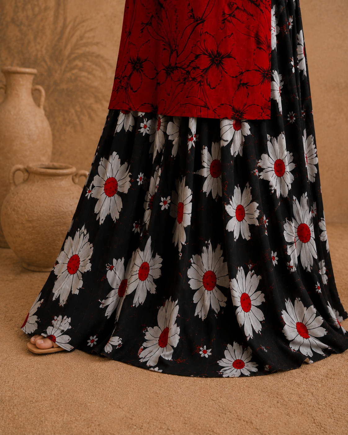 Close-up of red floral Anarkali frock neckline and print