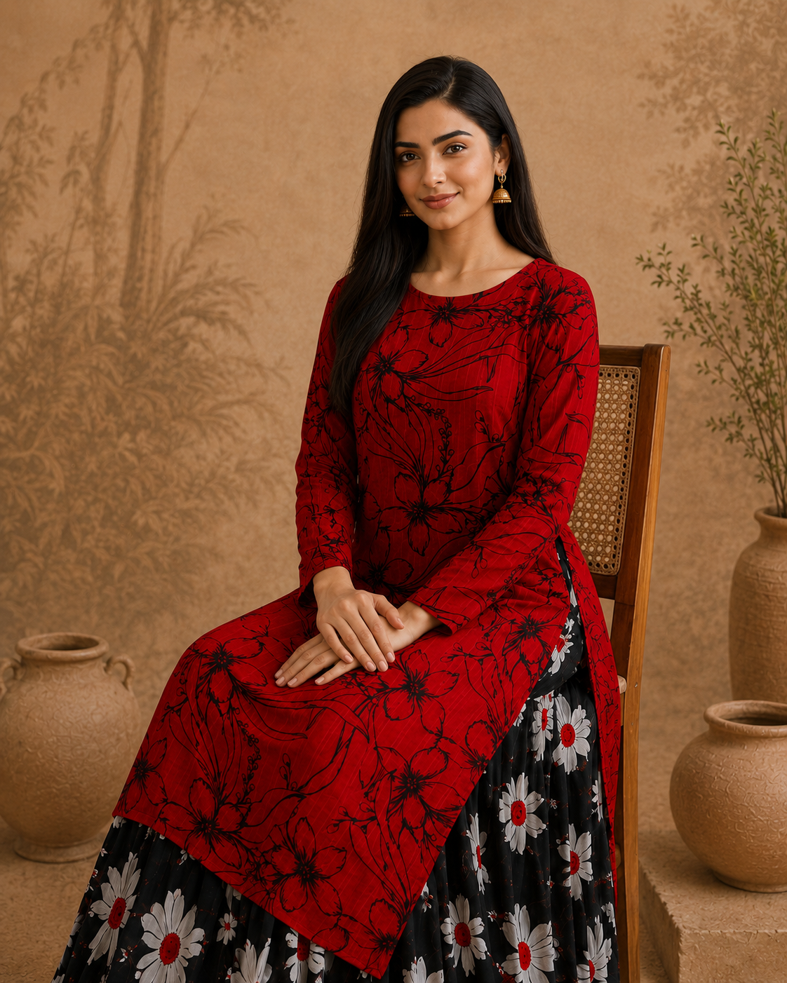 Black floral flare and red hem of Anarkali frock