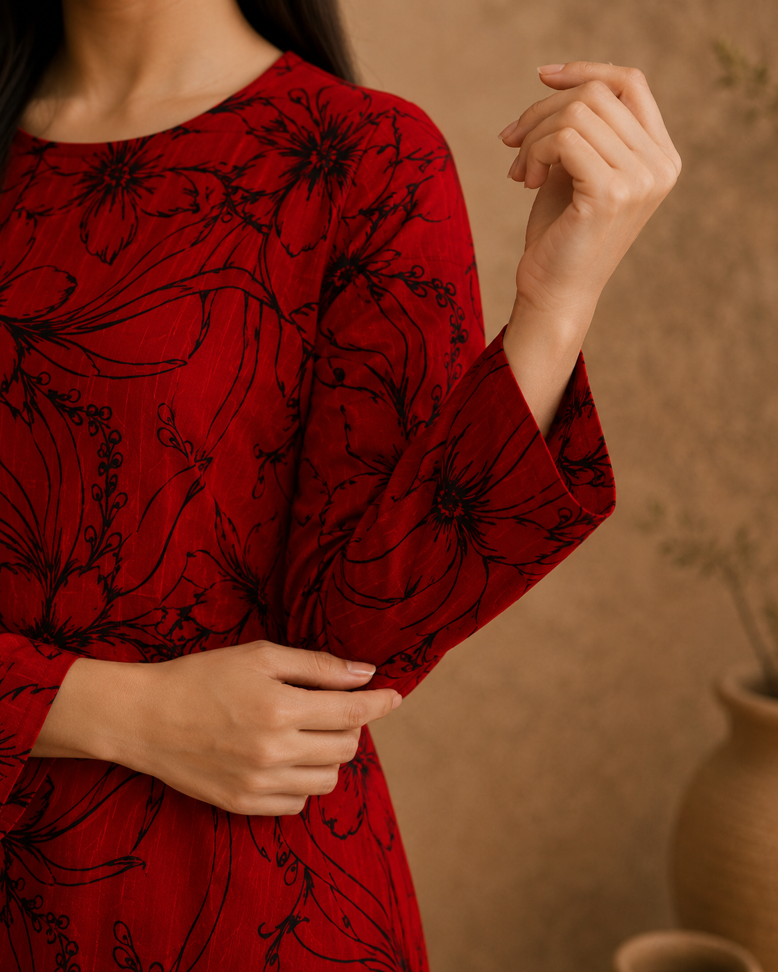 Full view of red and black floral Anarkali frock
