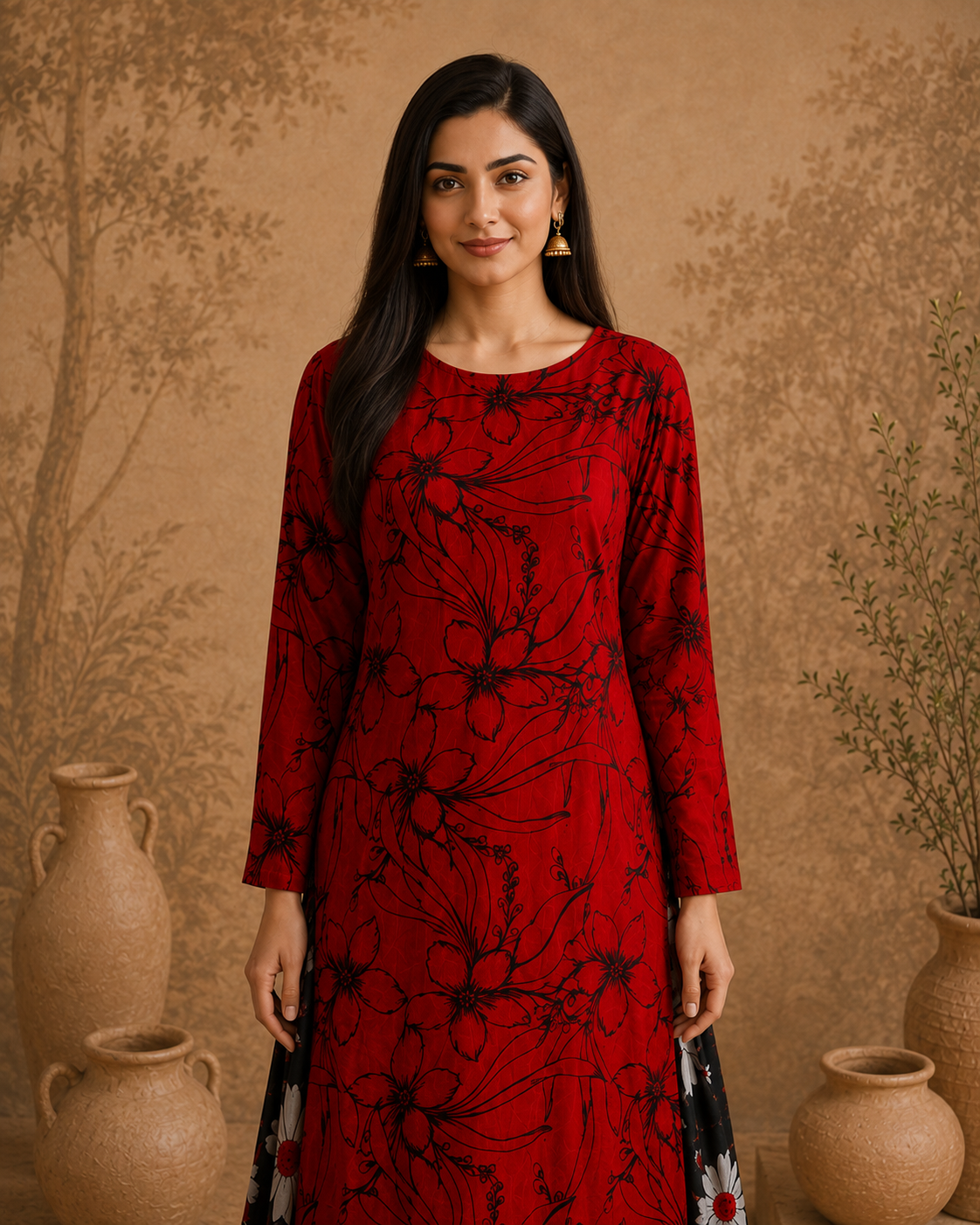 Seated model wearing a red and black floral Anarkali frock