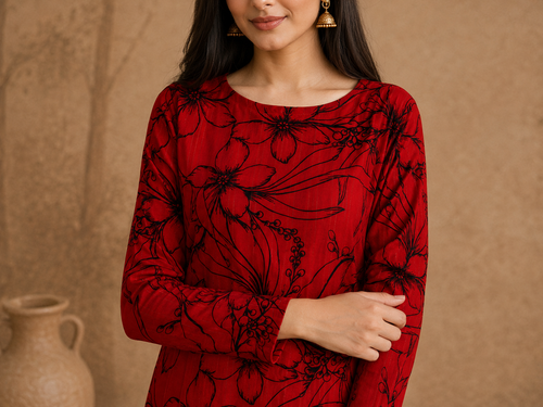 Close-up of red and black floral Anarkali frock sleeve