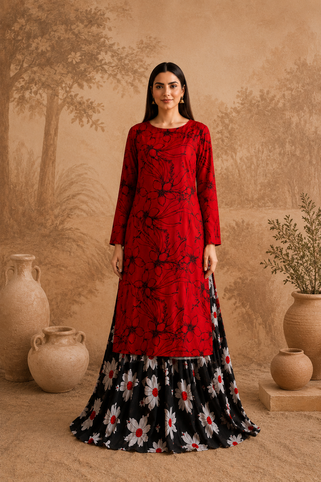 Full-length red and black floral Anarkali frock