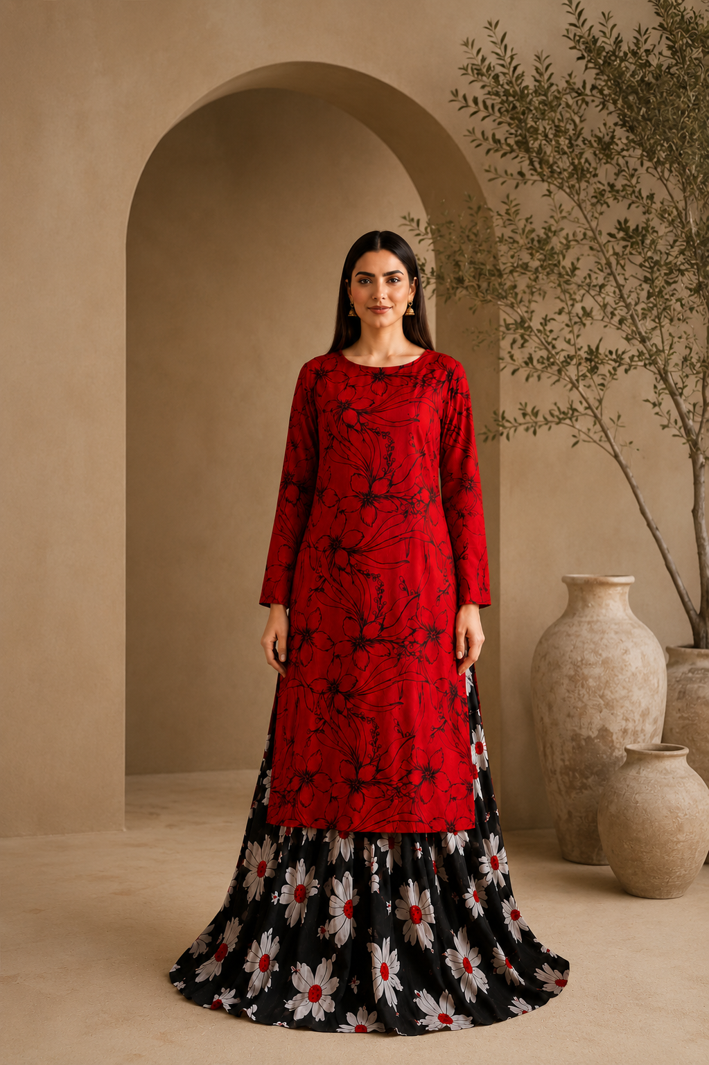Red floral Anarkali frock fabric and sleeve detail