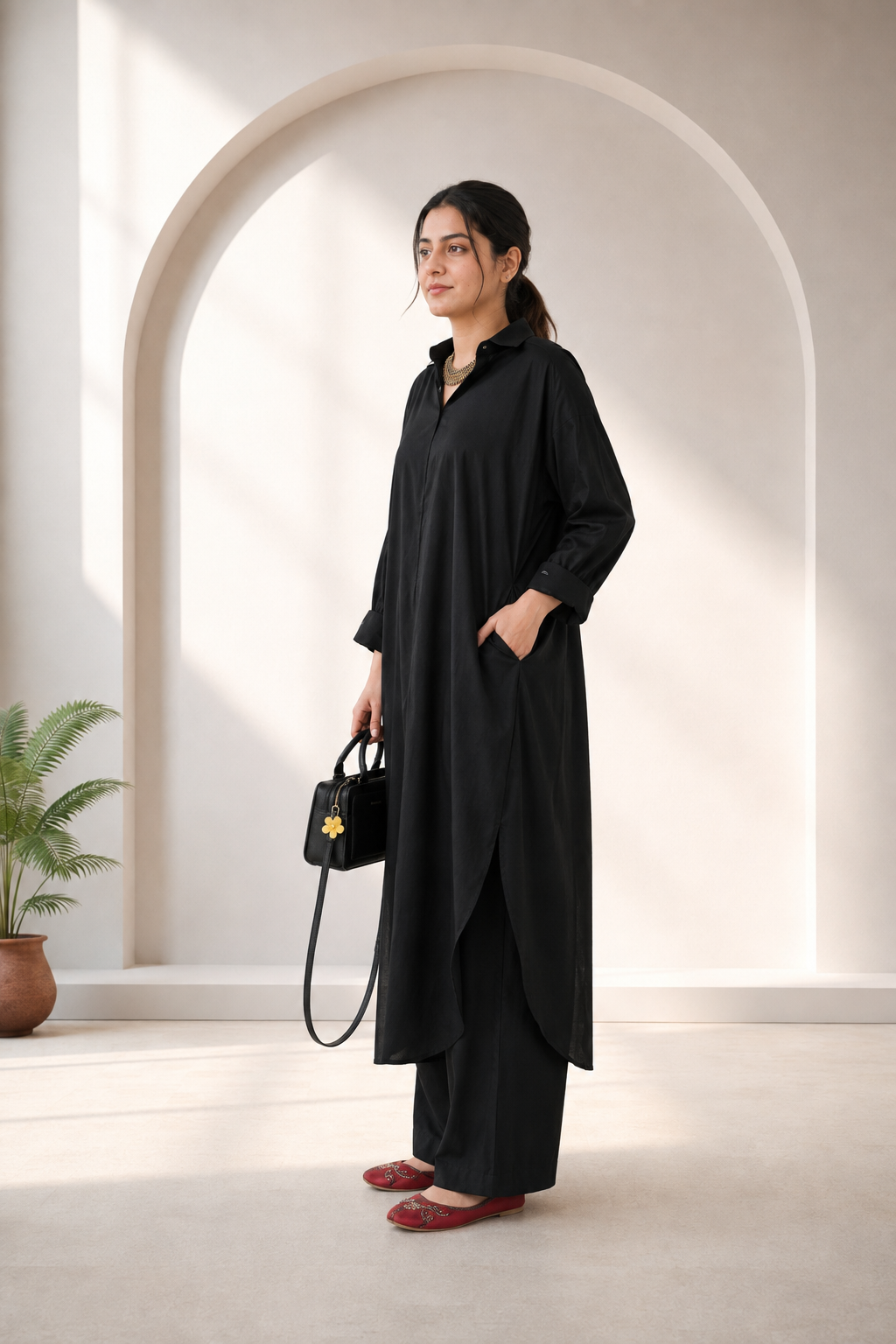 Close-up front detail of black pure lawn kurta with collared neckline