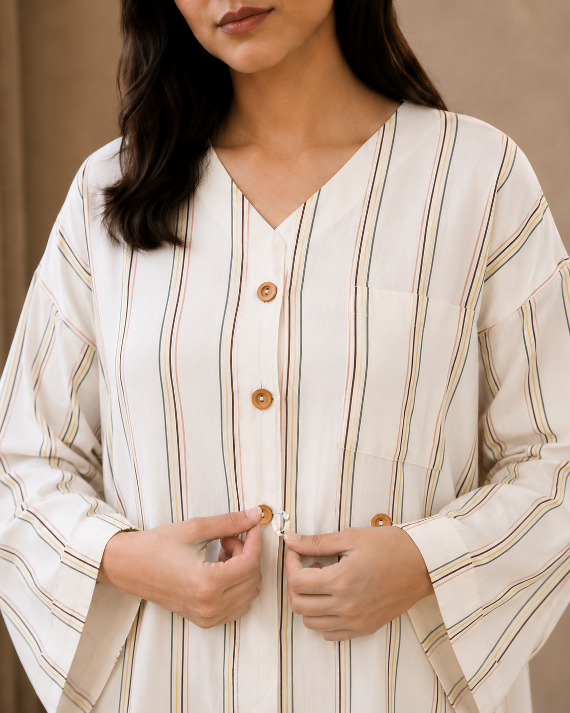 Close-up of the striped linen sleeve cuff and tailoring