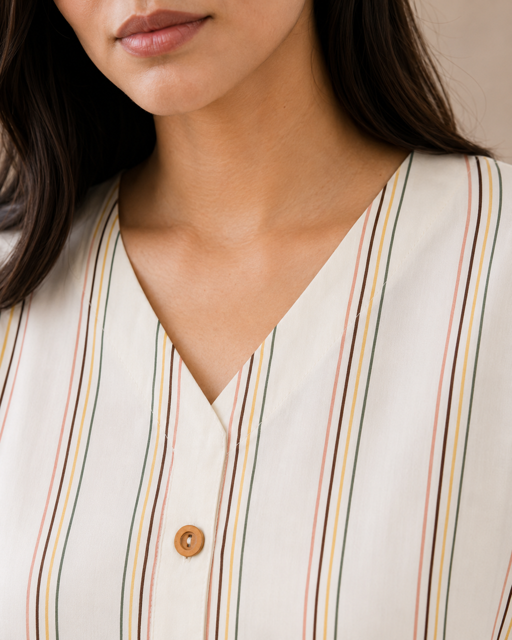 Full-length view of the ivory striped linen 2-piece co-ord set