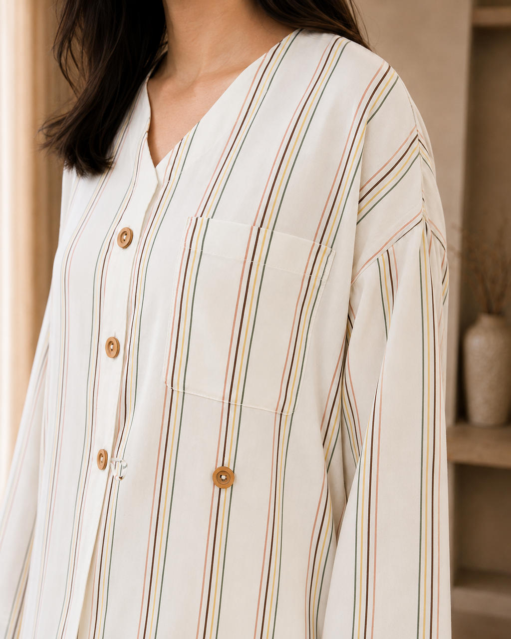 Close-up of the premium striped linen fabric and trouser silhouette