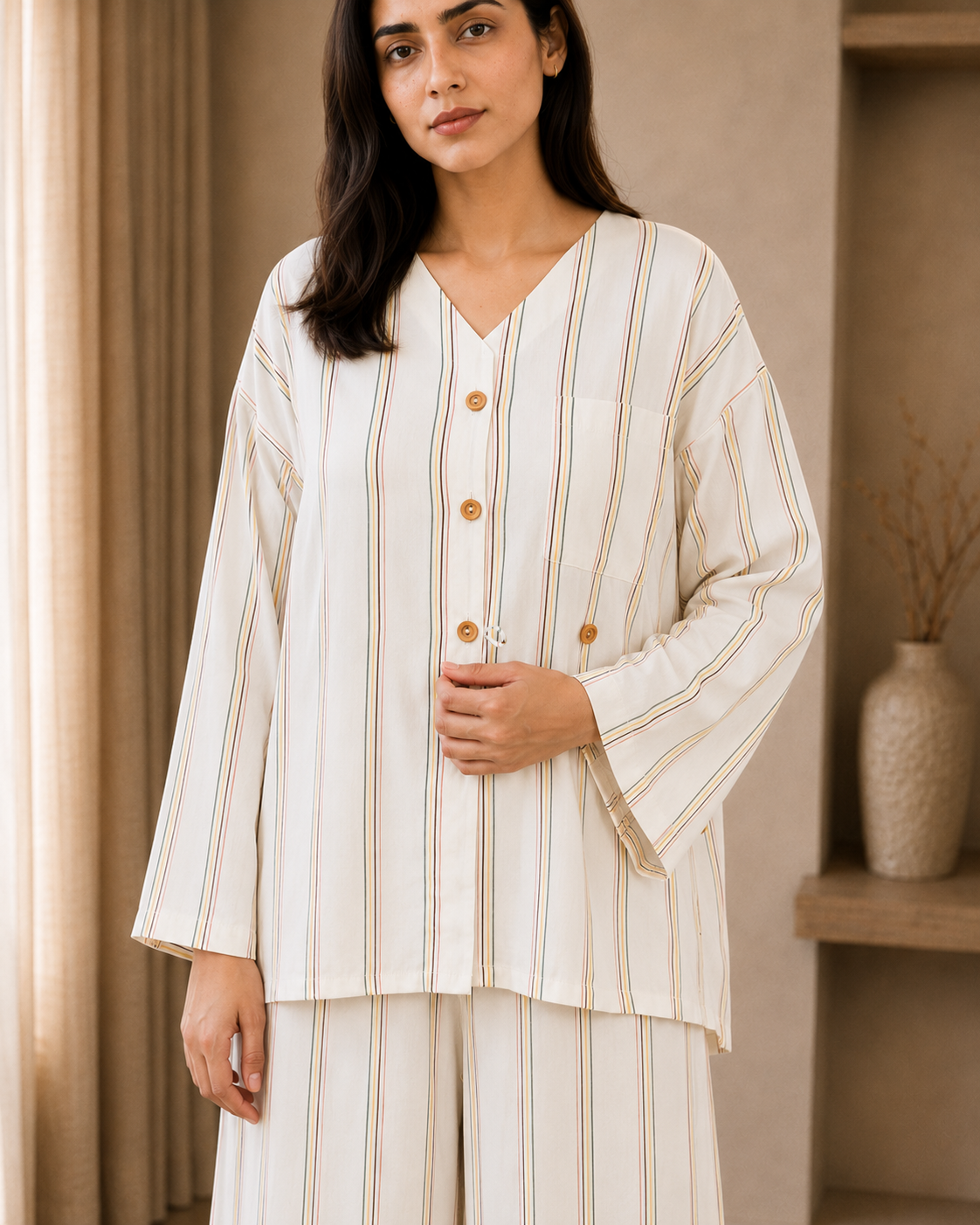 Model wearing the full ivory striped linen co-ord set indoors