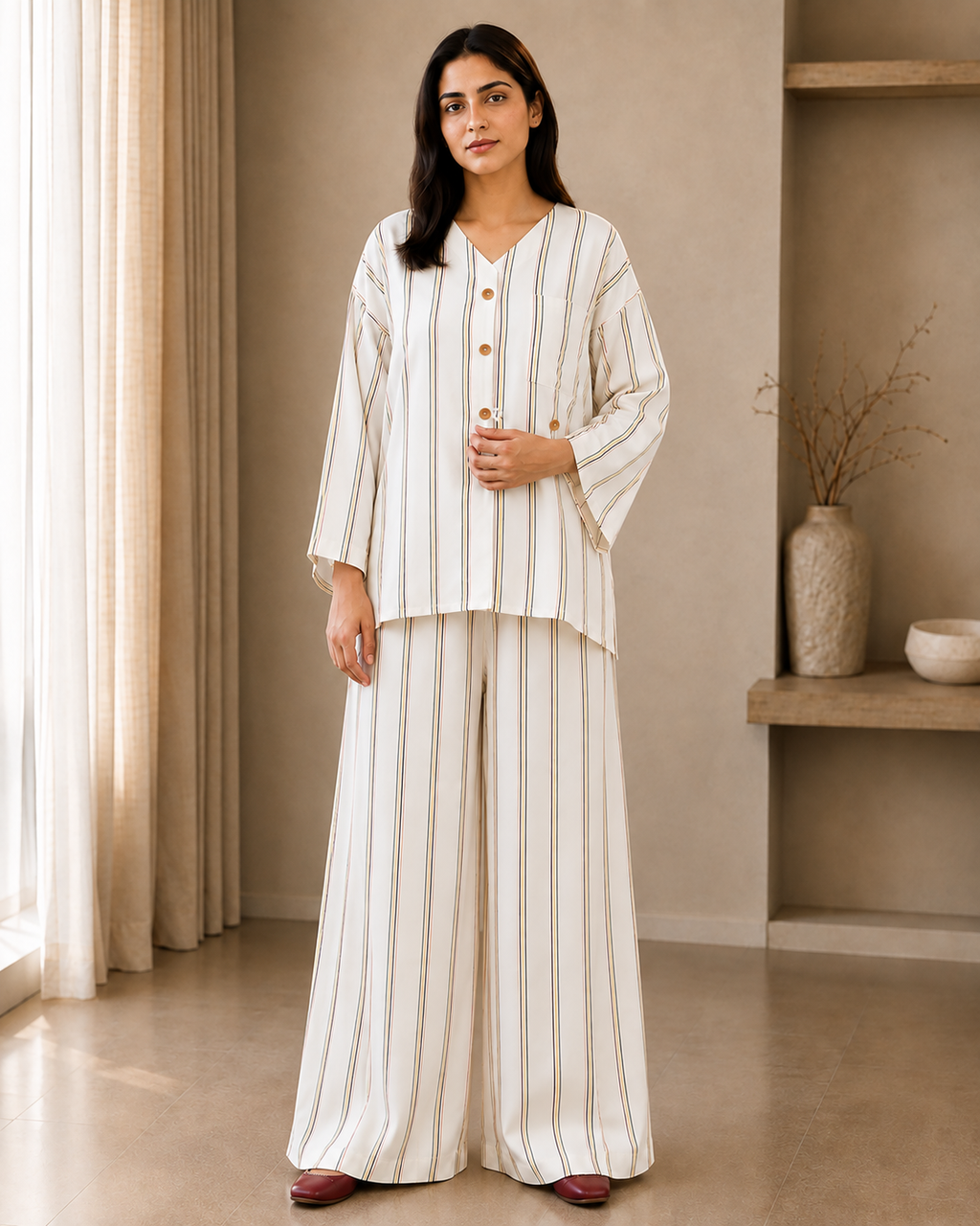 Model wearing ivory-beige linen 2-piece co-ord set with multicolour vertical stripes