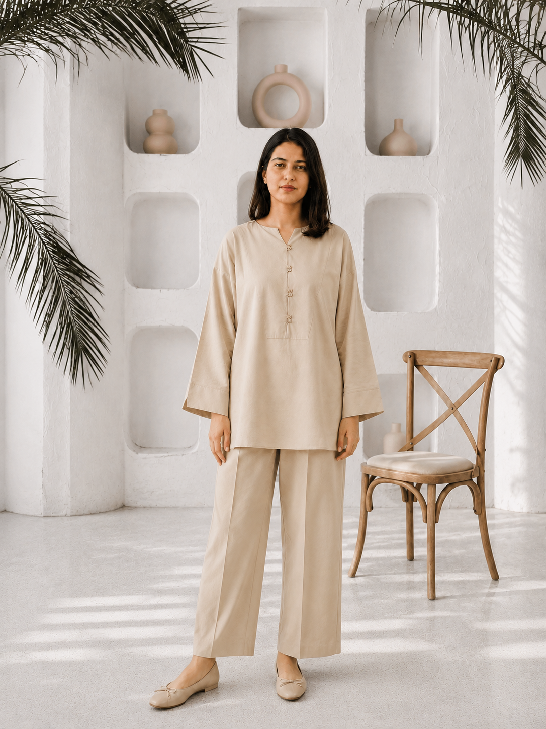 Model wearing the ivory beige Irish linen 2-piece co-ord set