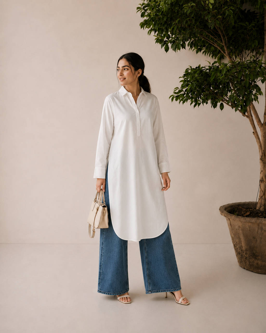 Back view of the ivory linen shirt and straight-leg trousers