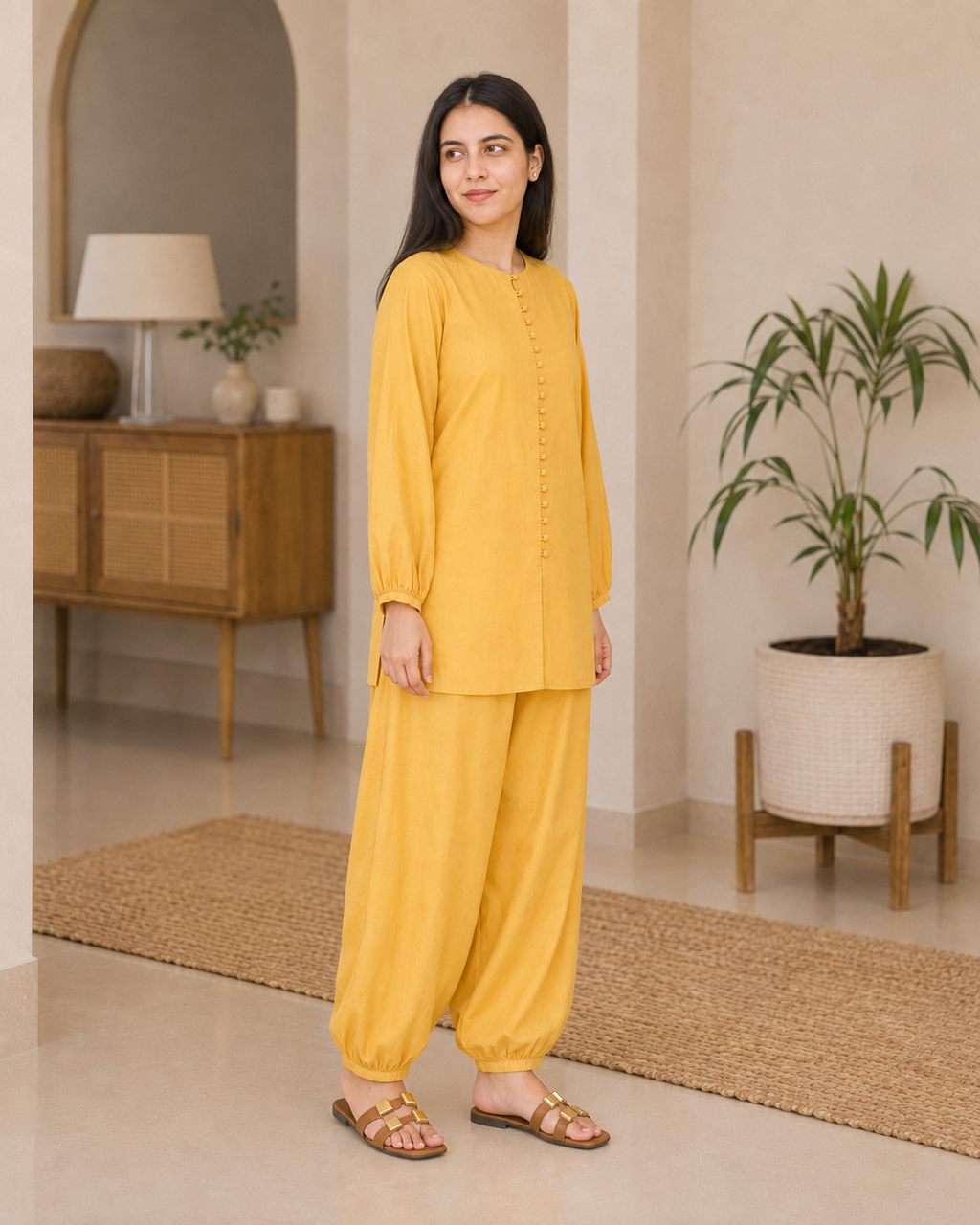 Back view of model wearing mustard yellow Irish linen co-ord set