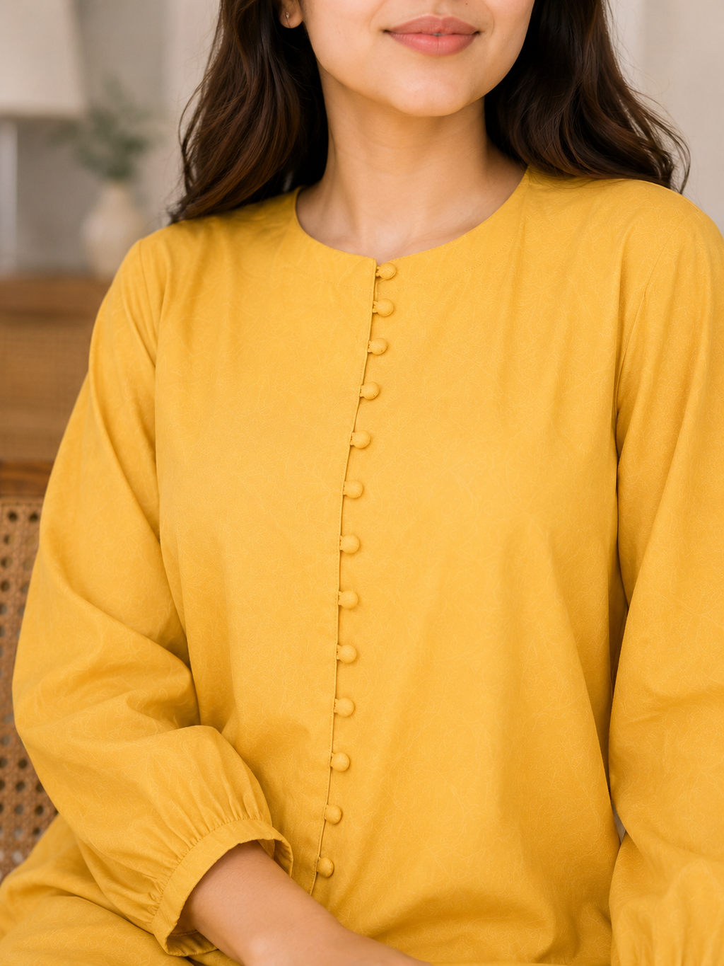 Front view of mustard yellow Irish linen 2-piece co-ord set