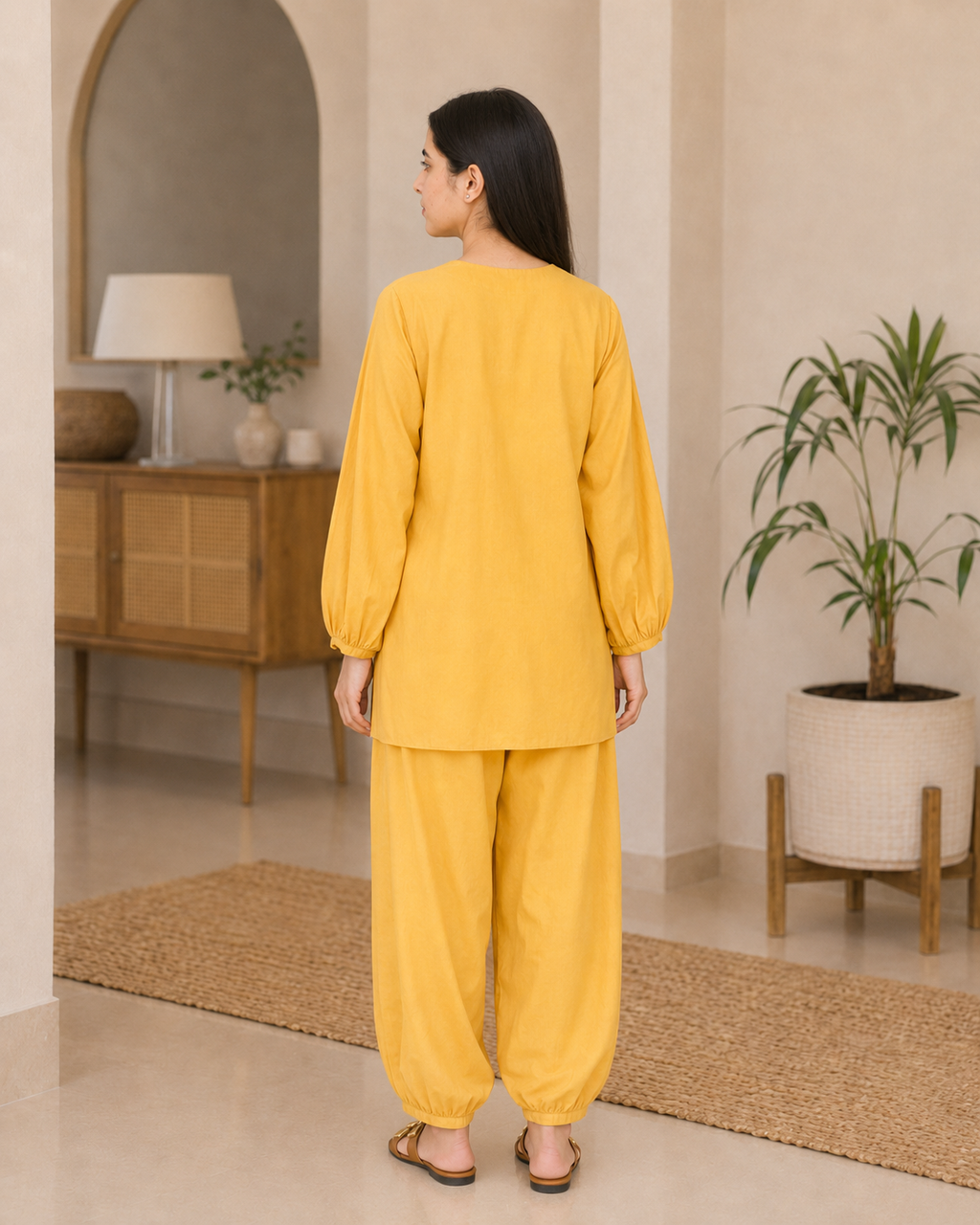 Close-up detail of mustard yellow Irish linen shirt and button front