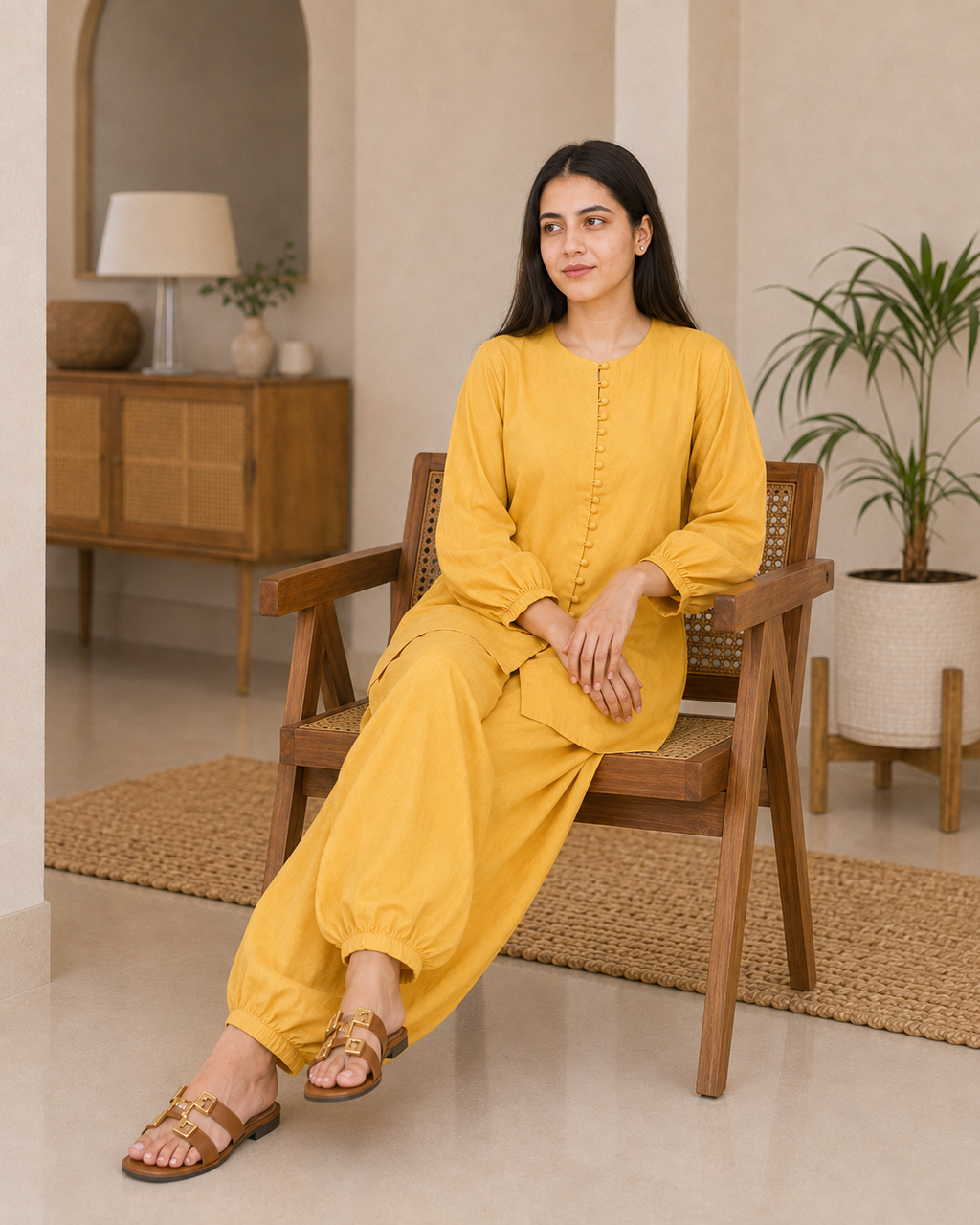 Side view of model wearing mustard yellow Irish linen balloon-fit co-ord set