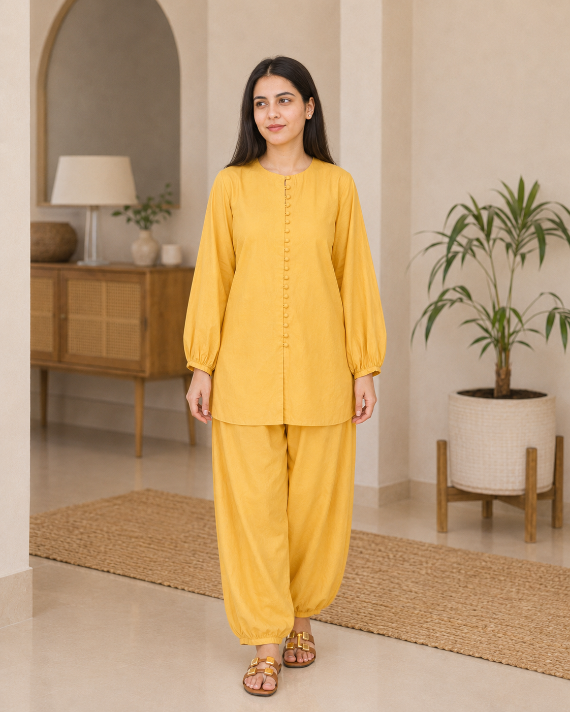 Full front view of mustard yellow Irish linen 2-piece co-ord set